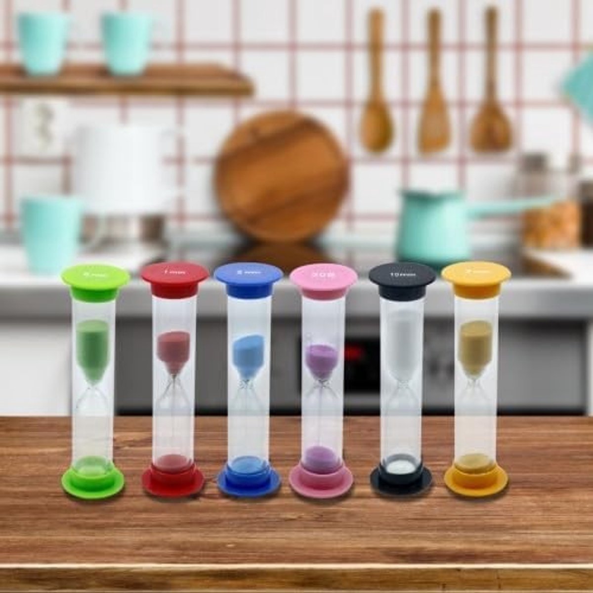 Set van 6 gekleurde zandlopers voor tijdsregistratie, 1 tot 10 minuten, ideaal voor spelletjes en timing