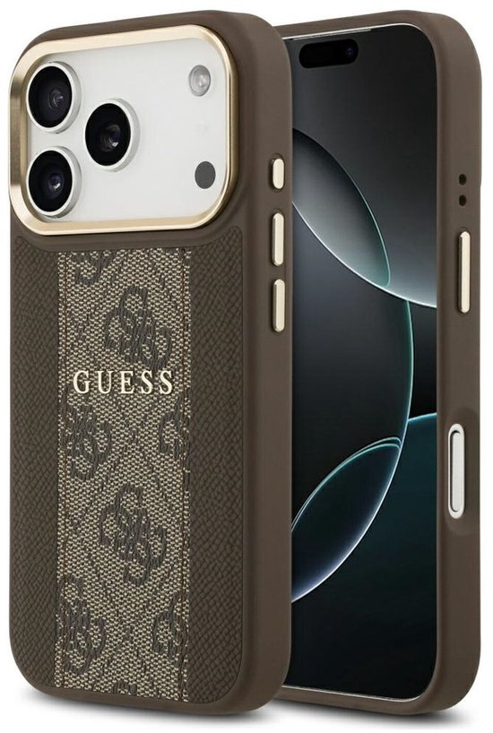 Coque Guess marron avec bande logo G et contour caméra doré.