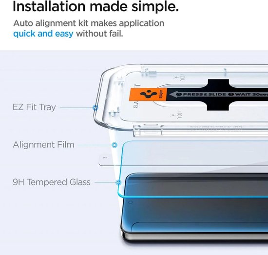 Gros plan sur le kit d'installation Spigen Glas.tR EZ Fit et un protecteur d'écran pour smartphone.