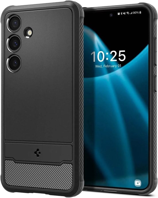 Zwarte Spigen Rugged Armor hoes voor een Samsung Galaxy S24, met een telefoon die een klok van 10:25 toont.