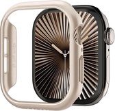 Beige Spigen bumpercase los van een Apple Watch met gestreepte wijzerplaat.