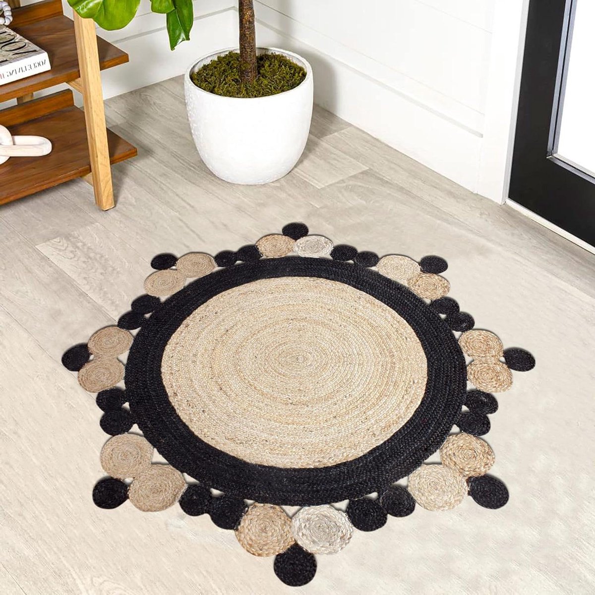Rond vloerkleed - Jute mat - Woonkamer decoratie - Handgemaakt ontwerp - 210x210 cm - Beige en Zwart