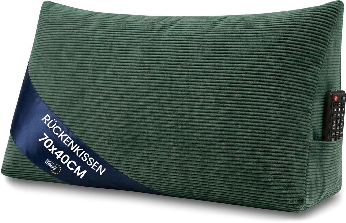 Leeskussen voor bed bank en hoofdbord 70 cm breed - groot driehoekig wigkussen rugkussen – bankkussen rugsteun lendenkussen om comfortabel te lezen in bed of tv te kijken kussen Groen – Corduroy