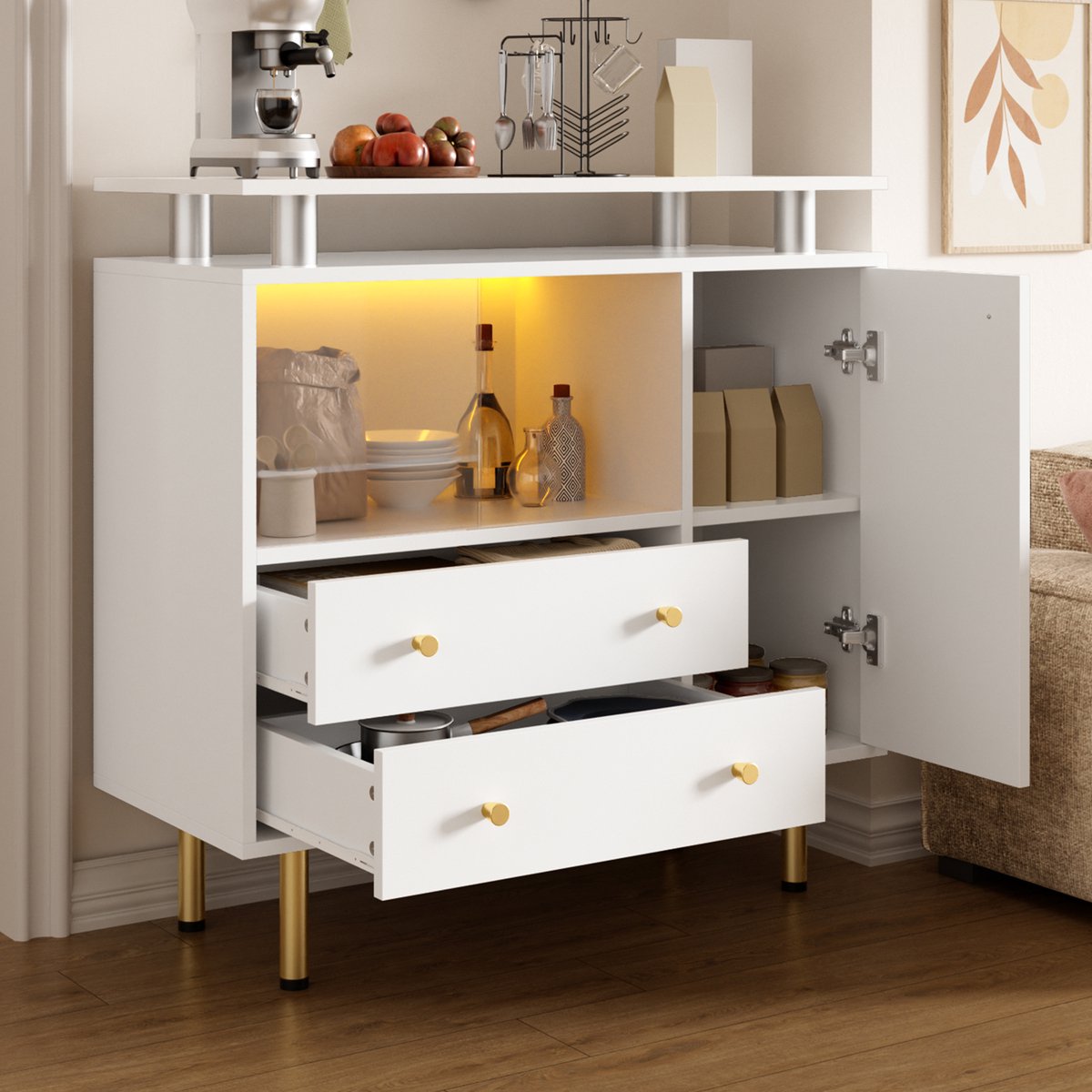 MODFU - Dressoir - LED - Glazen Schuifdeuren - Metalen Poten - Wit - 80 X 35 X 80 Cm