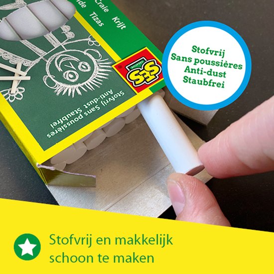 Doos met wit krijt, met afbeelding van een getekende beer. De tekst op de verpakking vermeldt 'Stofvrij'.