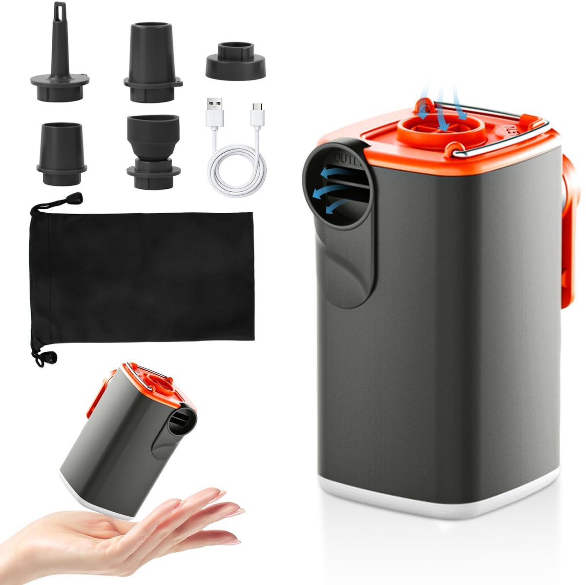 3-in-1 Draagbare Elektrische Luchtpomp - Oplaadbare Mini-compressor voor Opblazen & Leeglopen - Met LED Zaklamp (2 Standen & Stroboscoop) - 5 Universele Mondstukken - Voor kamperen, luchtmatras, rubberboot(Grijs)