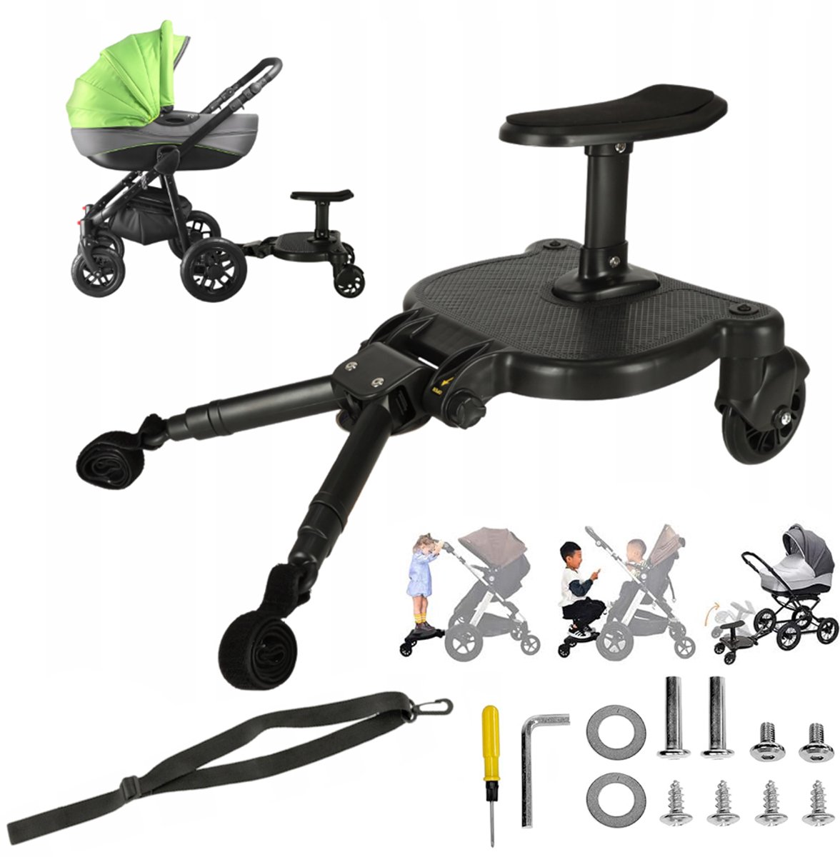 Universeel kinderskateboard - Kinderskateboard met zitje - Geschikt voor kinderwagens of peuters - Voetsteun voor kinderwagen - Kinderwagen - Duurzaam - Superstabiel - Zwart