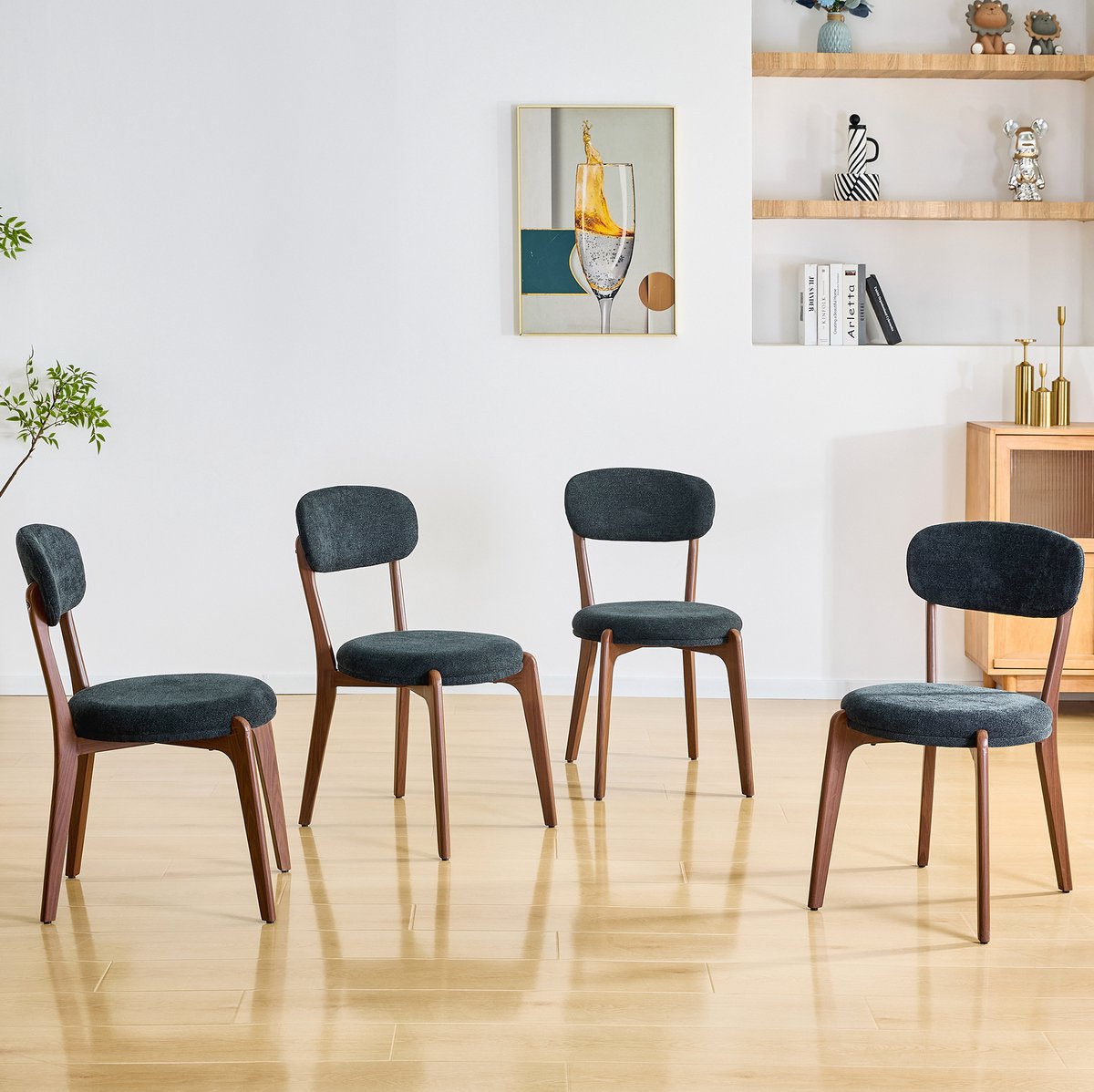 FloraGrace Eetkamerstoel Set Van 4 - Moderne Zwarte Linnen Stoelen Met Gestoffeerde Zitting - Voor Eetkamer En Keuken - Metaal - Zwart