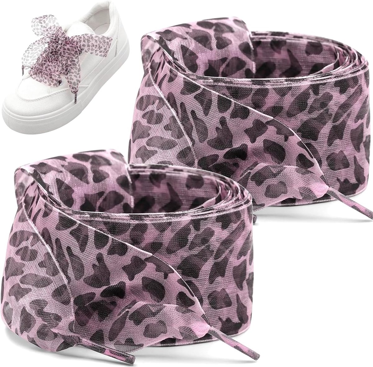 Set van 2 modieuze veters met breed luipaardpatroon, zachte platte vervangingsveters voor sportschoenen en casual schoenen, 4 cm breed, 120 cm en 140 cm lang