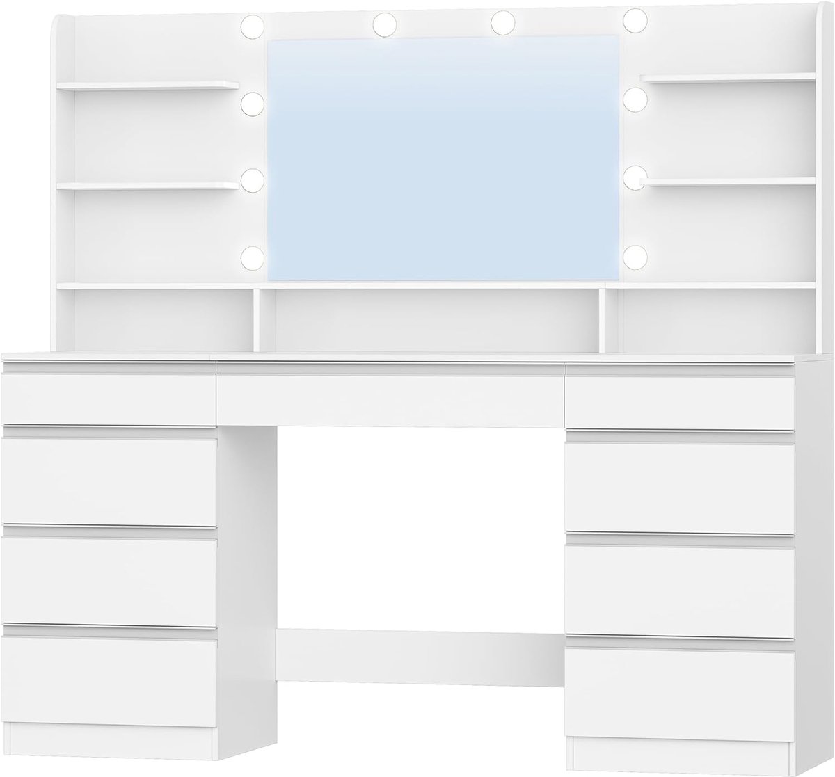 Hzuaneri Grote make-uptafel met verstelbare ledverlichting, 10 ledlampen, 3 kleuren, helderheid instelbaar, make-uptafel met grote spiegel, 9 laden, 9 open vakken, 40 x 150 x 140 cm,Wit-Zilver