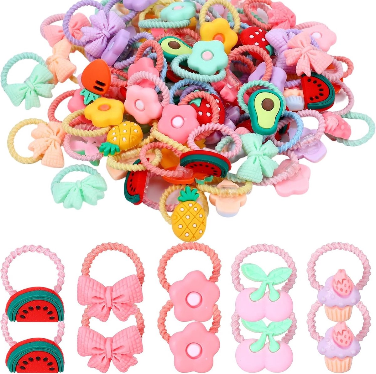 100 Stuks Kleurrijke Haarelastiekjes voor Fijn Haar, Elastische Haarbanden met Strikken, Bloemen en Fruitpatronen voor Kinderen
