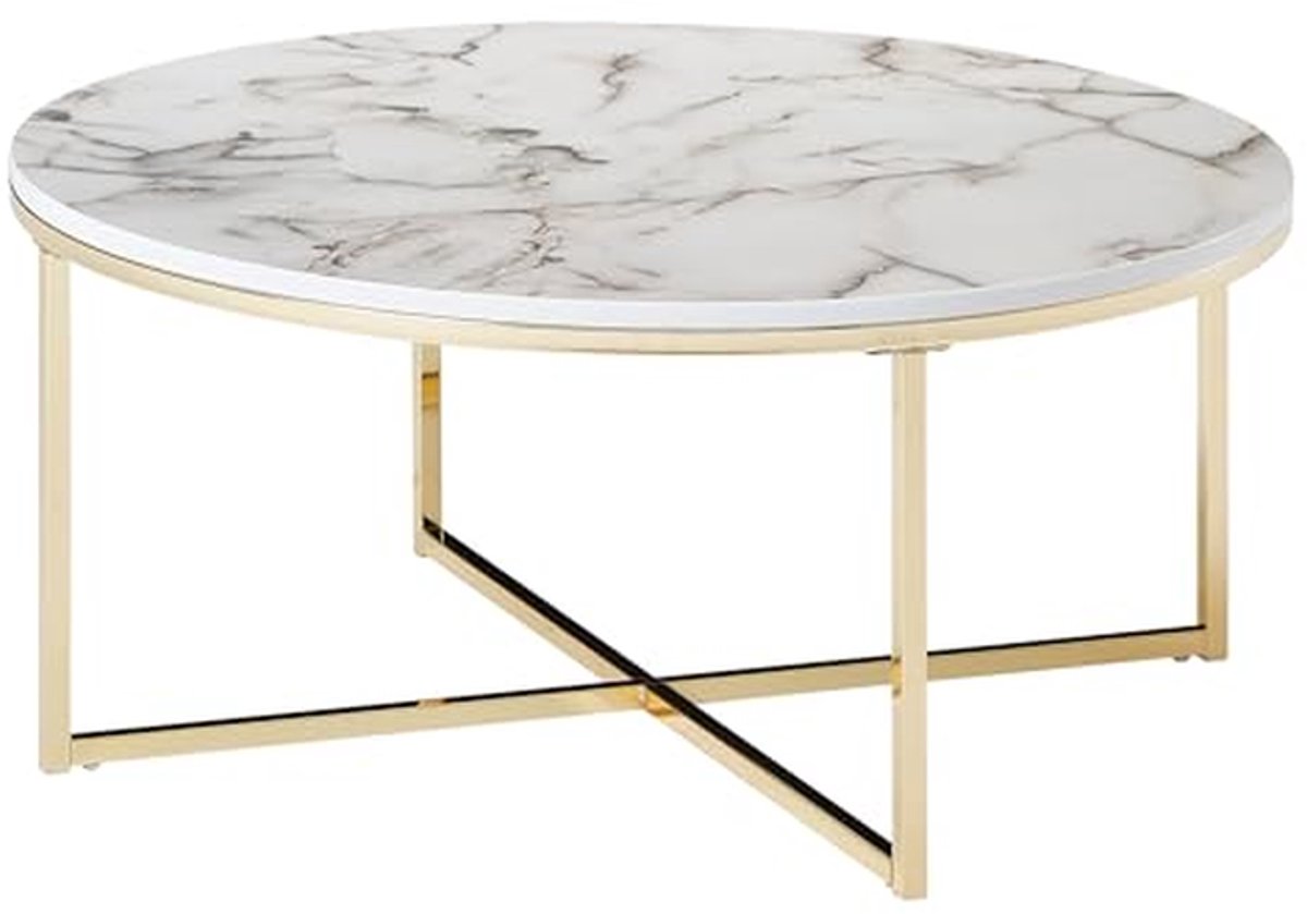 Ronde Salontafel - Bijzettafel Marmerlook - Woonkamer Decoratie - Sierlijke Marmerlook - Ø 80 cm - Wit