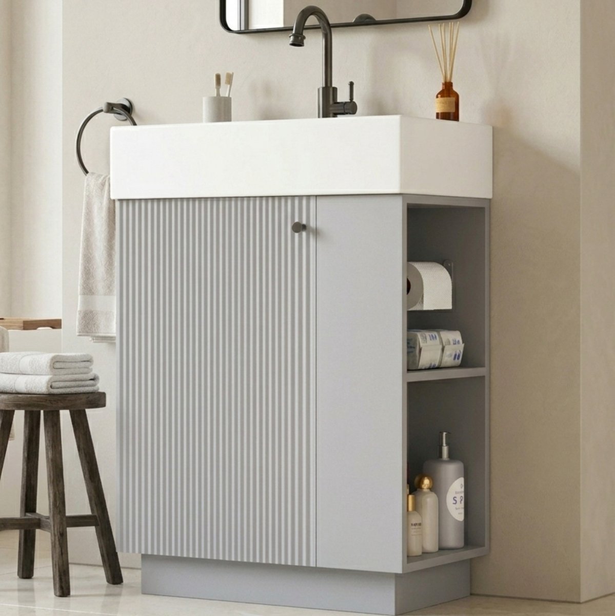 OKWISH Badkamer Wastafelonderkast - 55 x 32 x 87 cm - Met Keramische Wastafel En Open Opbe