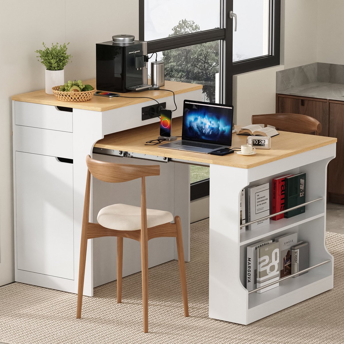 OKWISH Eettafel - Uitschuifbaar Keukeneiland Met Stopcontacten - 55-153 x 80 x 93 cm - 2 Lades En Opbergruimte - MDF Wit