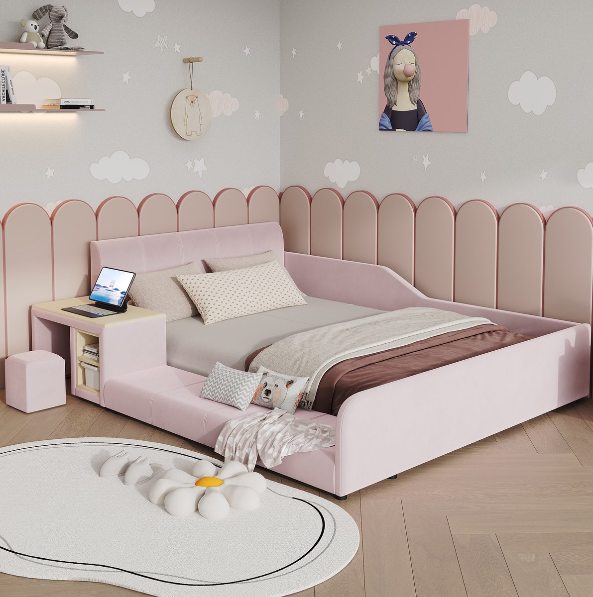 Wishdor - Kinderbed 140x200 cm - met bureau, hocker en opbergplank - eenpersoons normaal bed voor kinderkamer - fluwelen stof - roze