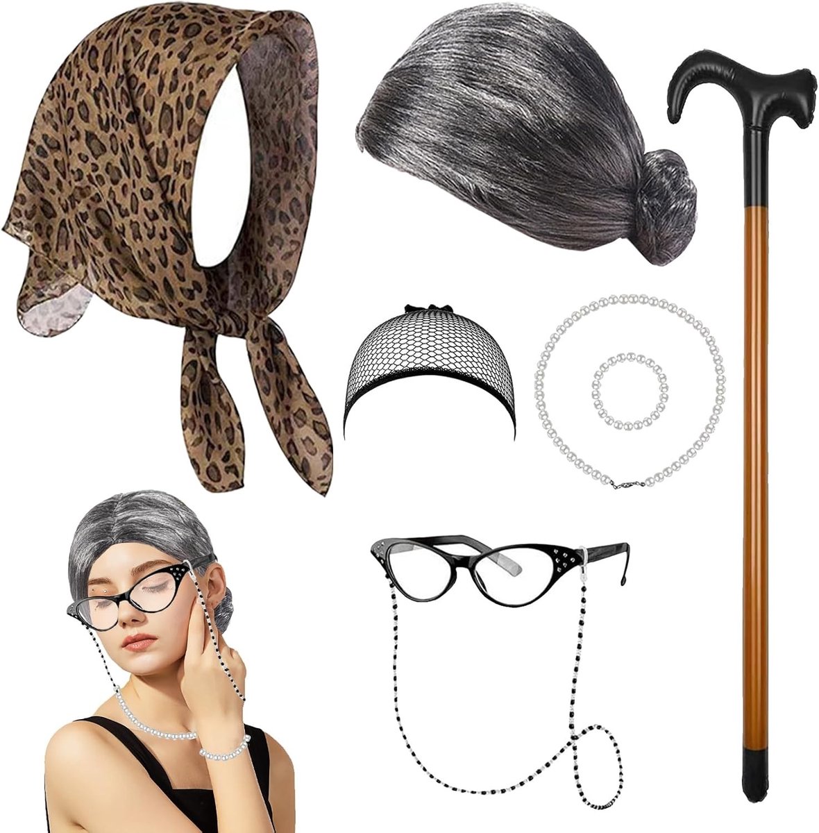 Granny Kostuum Set voor Halloween en Carnaval met Grijze Peruk, Kunstparel Sieraden en Bril voor Vrouwen en Kinderen