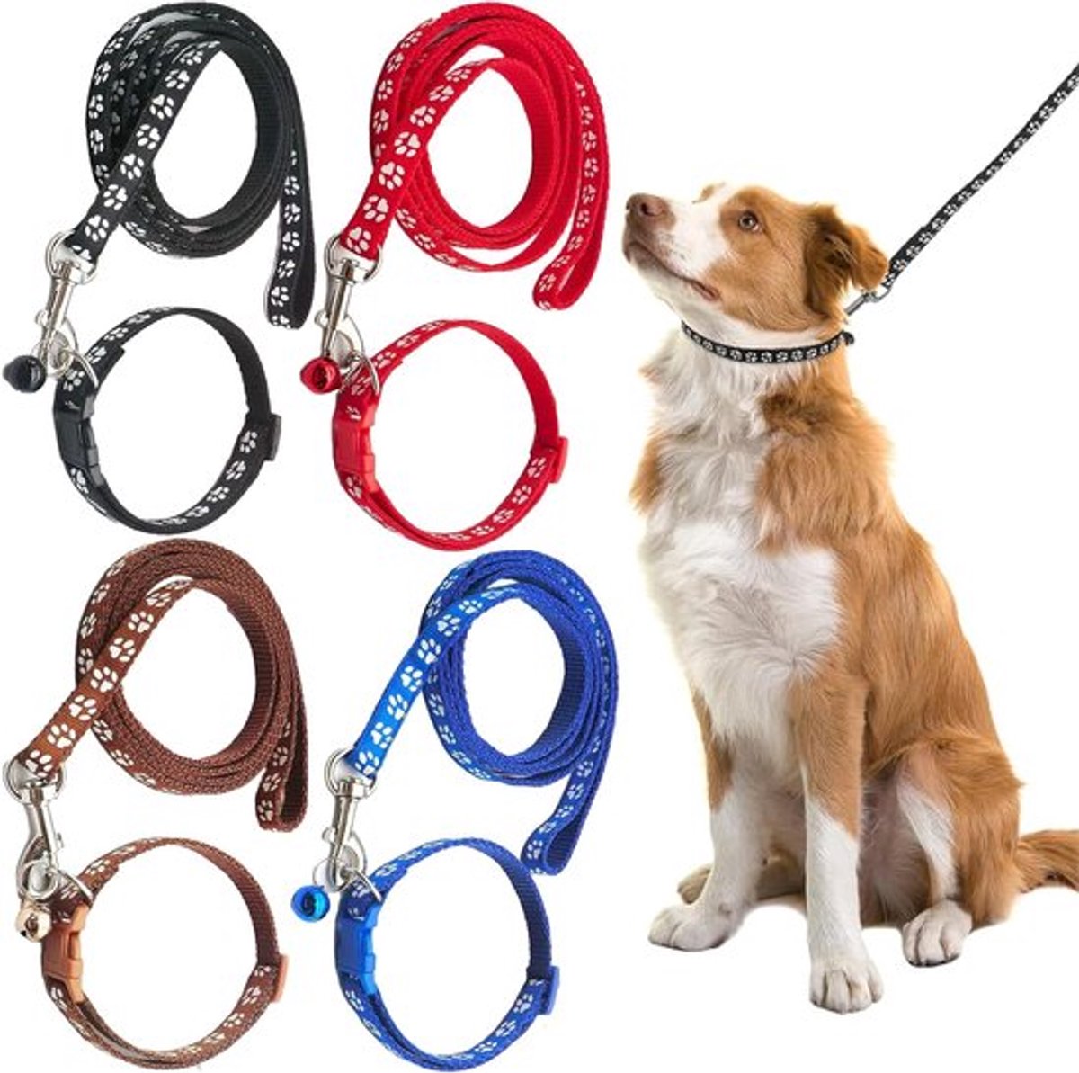 4-set puppy halsbanden met riem - Verstelbare hondenhalsband en riem voor puppy's - Nylon huisdier halsband voor kleine honden en katten - Praktische hondentraining apparatuur met paw print ontwerp.
