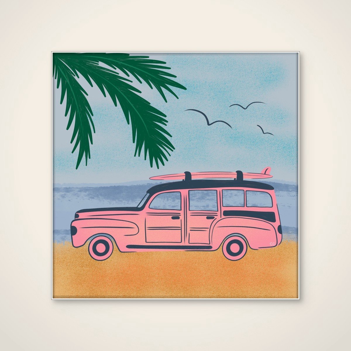 Akoestisch schilderij - 80 x 80 cm - Pink Beach Surfer Car van Carrie Cantwell - Abstracte wanddecoratie - wit textielframe