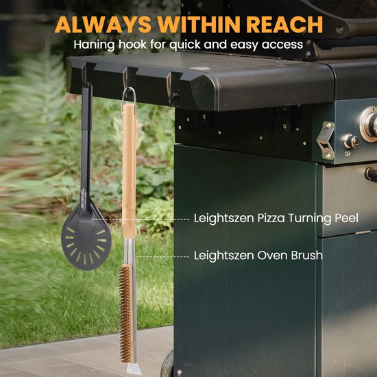 1 stuk - De pizzaborstel - met roestvrijstalen steenschraper, messing borstelharen, houten handvat en ophangring - is een accessoire voor pizzaovens voor buiten, compatibel met Ooni, Gozney, Blackstone en Solo Stove ovens (53 cm, bruin) — afbeelding 5