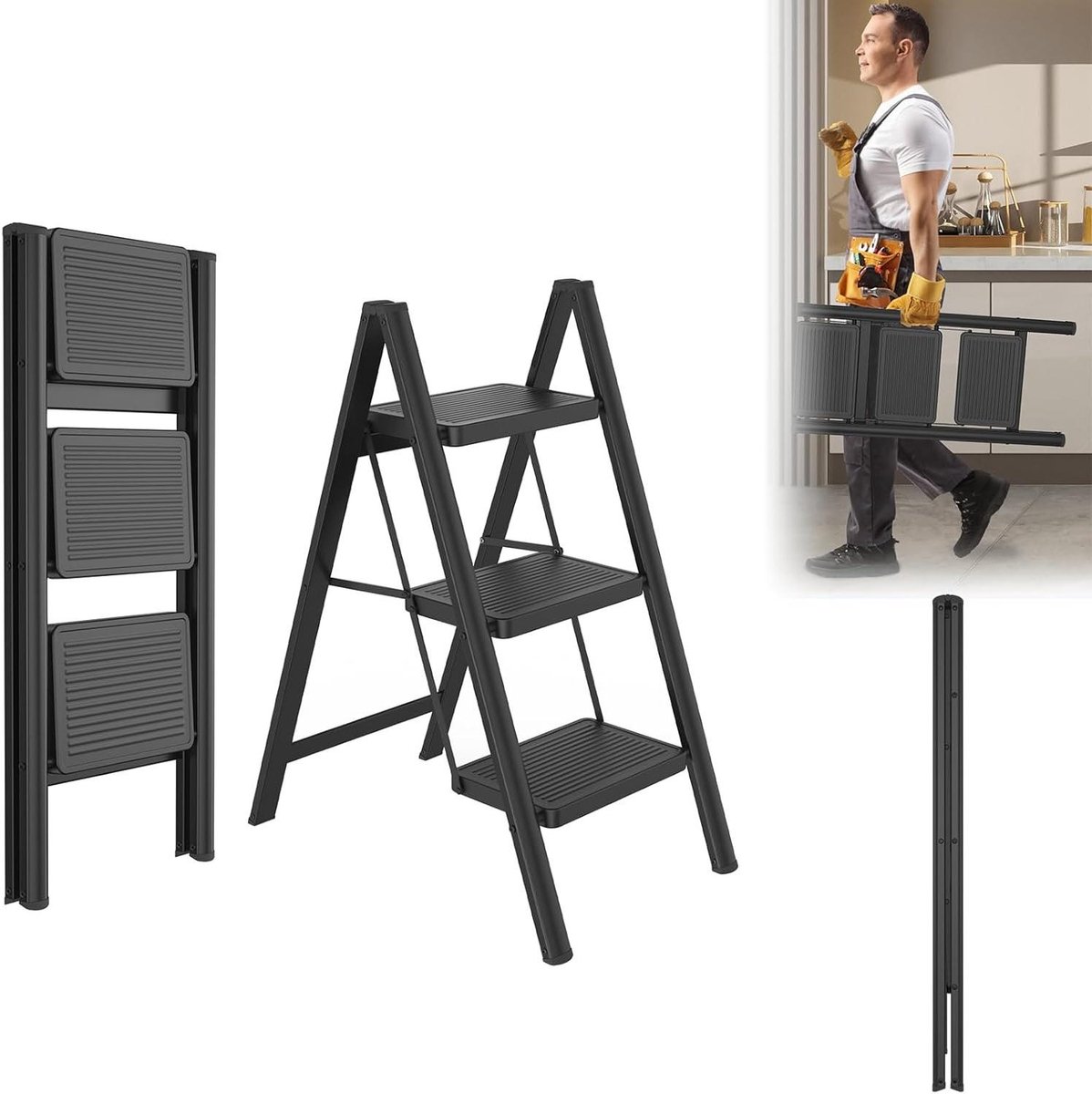 Trapladder 3 treden - Vouwladder inklapbaar - Huishoudelijk werk - Extra brede treden - Belastbaar 270 kg - Zwart