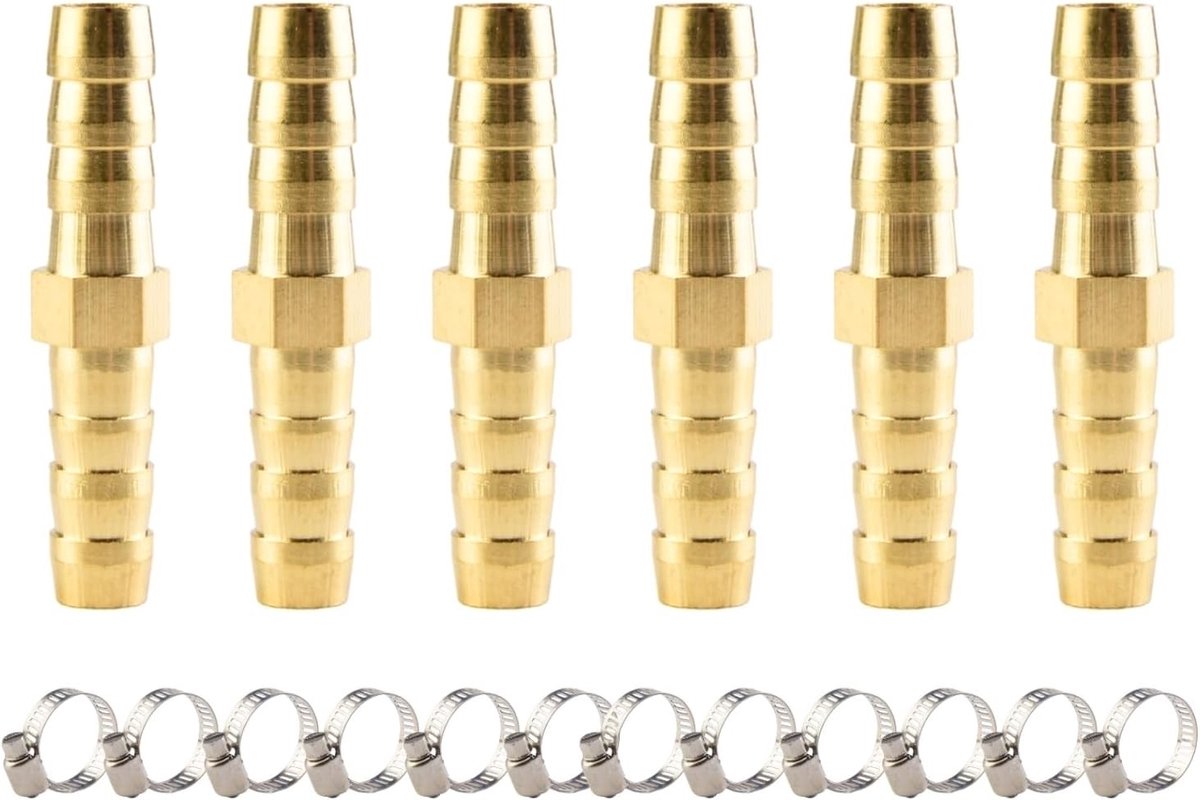Set van 6 stuks 6mm messing slangverbindingen, 2-weg koppelingen met 12 slangklemmen voor lucht, water en brandstoftoepassingen.