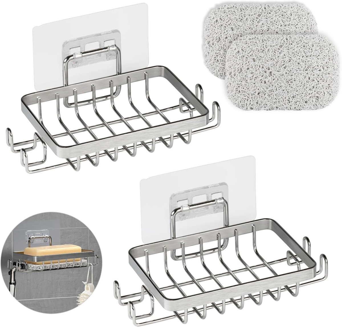 Set van 2 Roestvrijstalen Wandbevestigde Zeepdispenser met Haak en Zeeppad, Ideaal voor Badkamer en Keuken, Waterdicht en Roestbestendig