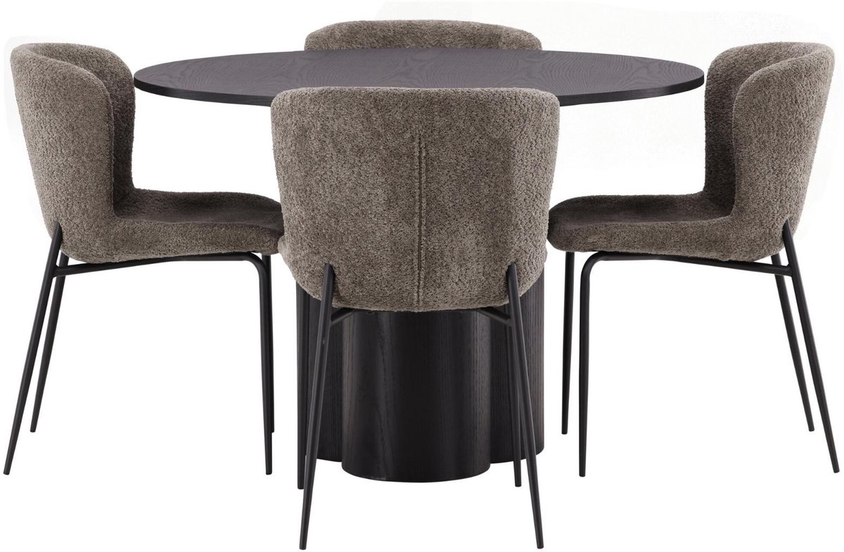 Olivia eethoek eettafel zwart 4 stoelen bouclé bruin.