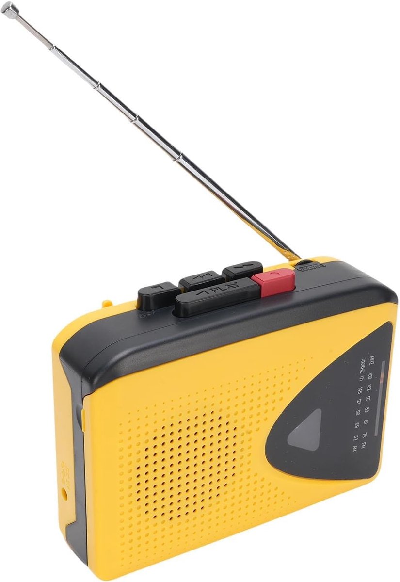Draagbare cassetterecorder – AM/FM-radio – opname op cassette via MIC – ingebouwde luidspreker – koptelefoonaansluiting – DC of batterij.L