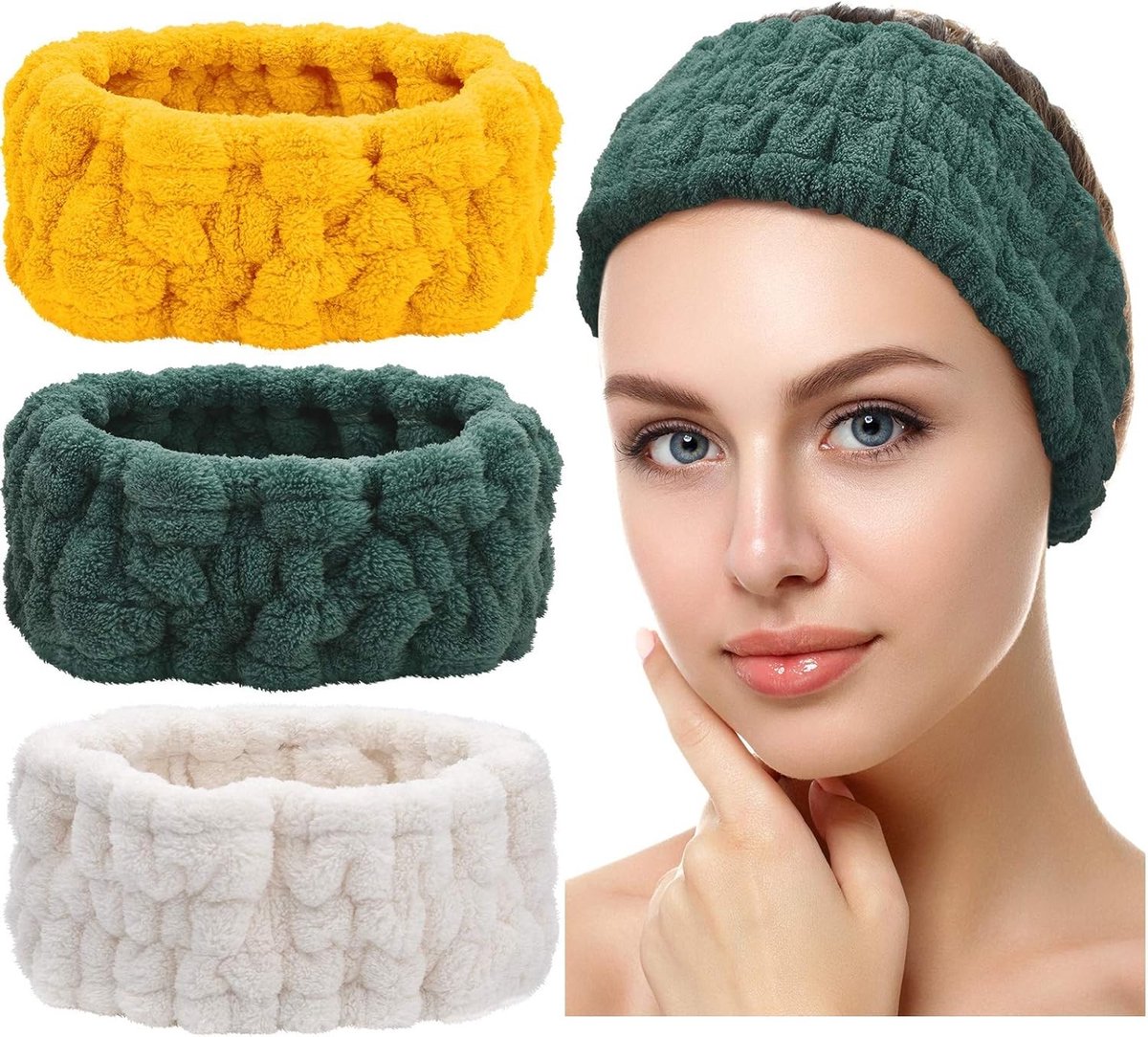 3 Stuks Zachte Haarbanden voor Vrouwen - Ideaal voor Make-up, Gezichtsmaskers en Douche, Milky White, Geel, Donkergroen