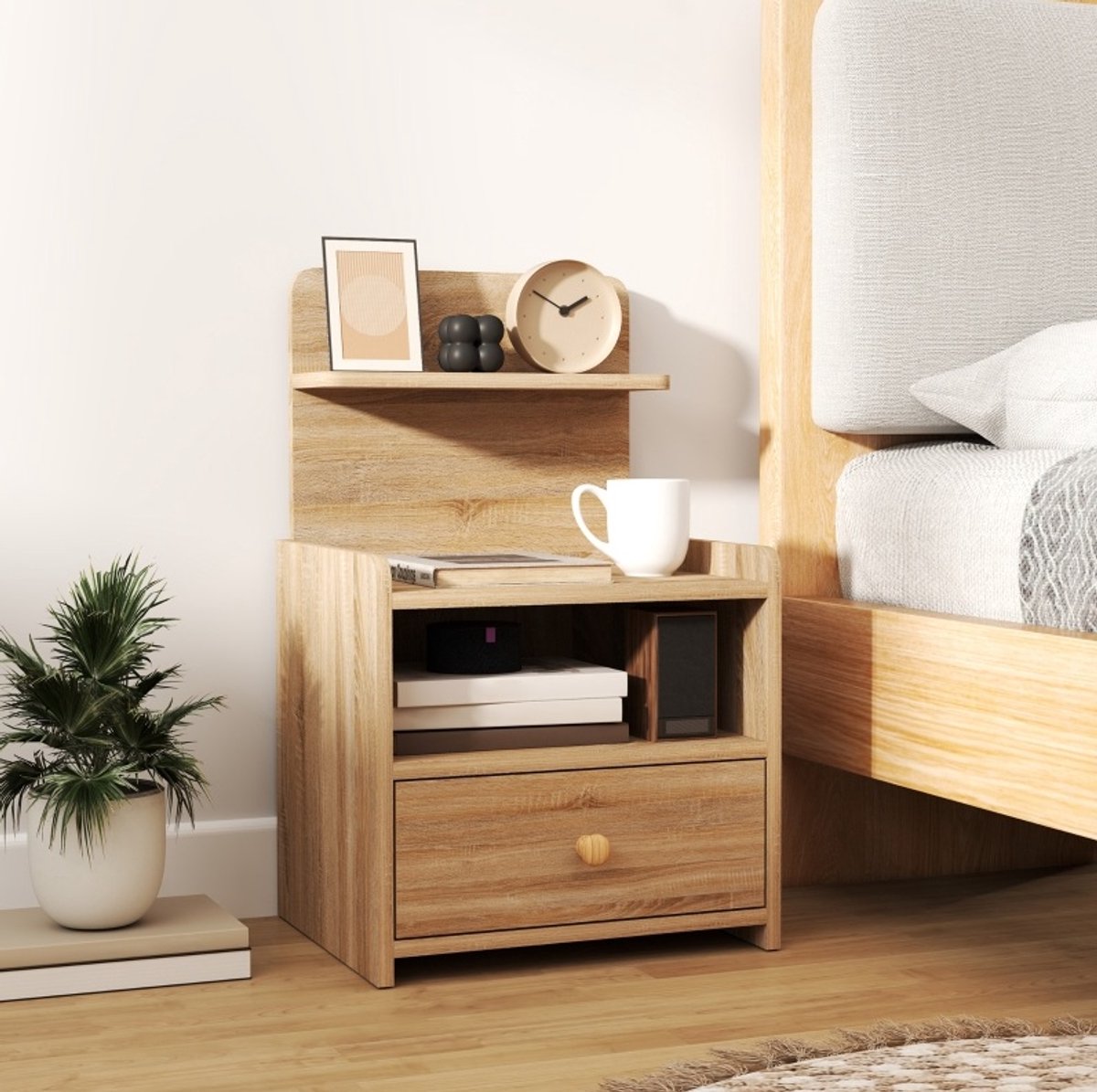 STILVORA Dressoir - Nachtkastje Met Lade En Open Opbergruimte - Veelzijdig Voor Slaapkamer En Woonkamer - Spaanplaat - 40x35x66 Cm - Naturel