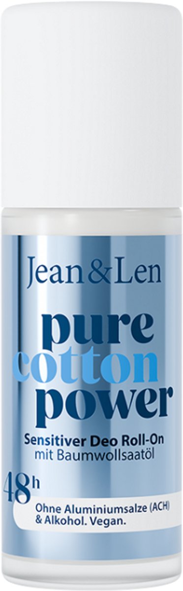 Jean & Len Deodorant Roller Pure Cotton Power 50 ml - zonder aluminiumzouten, vegan, dierproefvrij, zonder parabenen, voor gevoelige huid