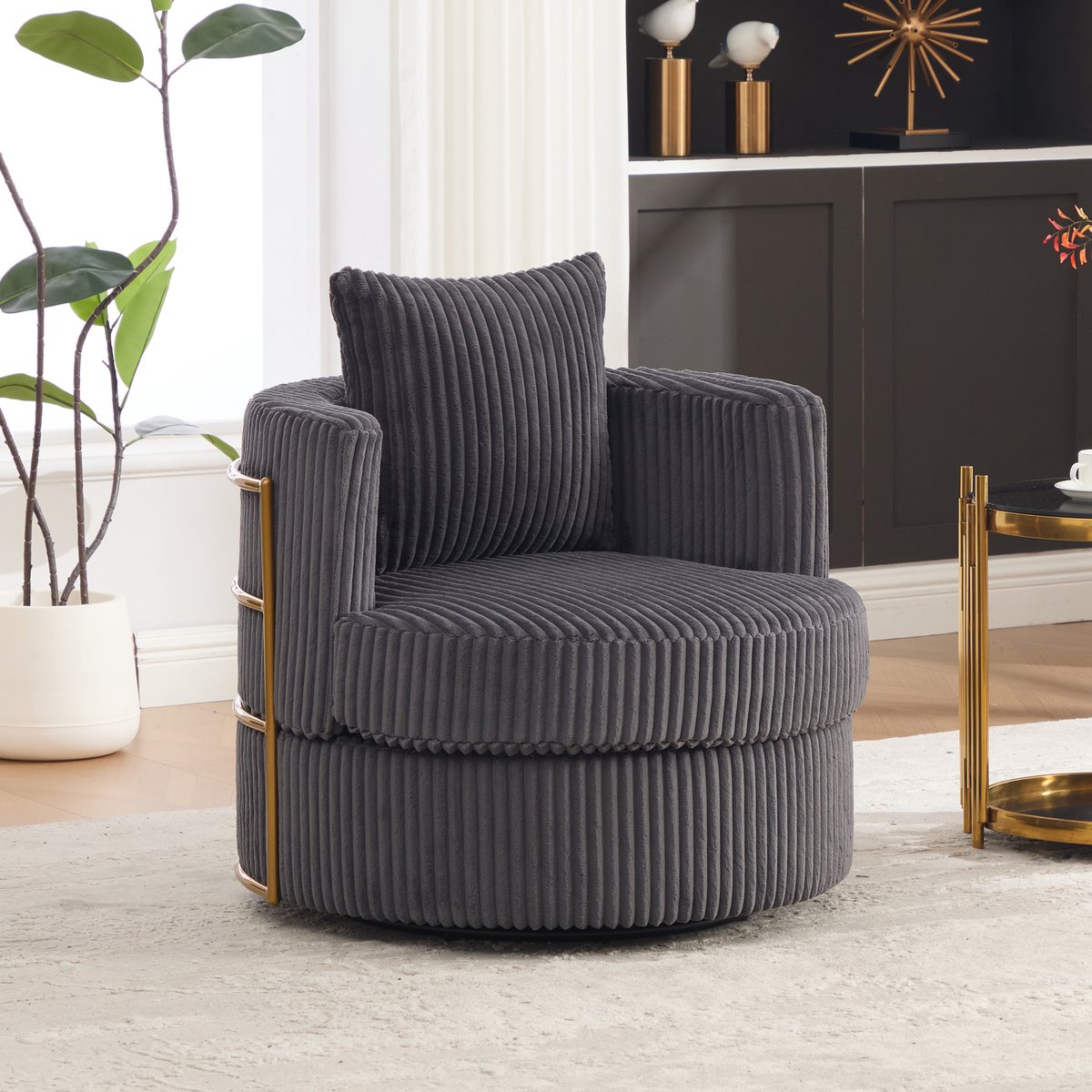 OKWISH Fauteuil - 360 Graden Draaibaar Met Opbergruimte - Met Armleuningen - Cord - Modern - Grijs - Voor Woonkamer en Slaapkamer