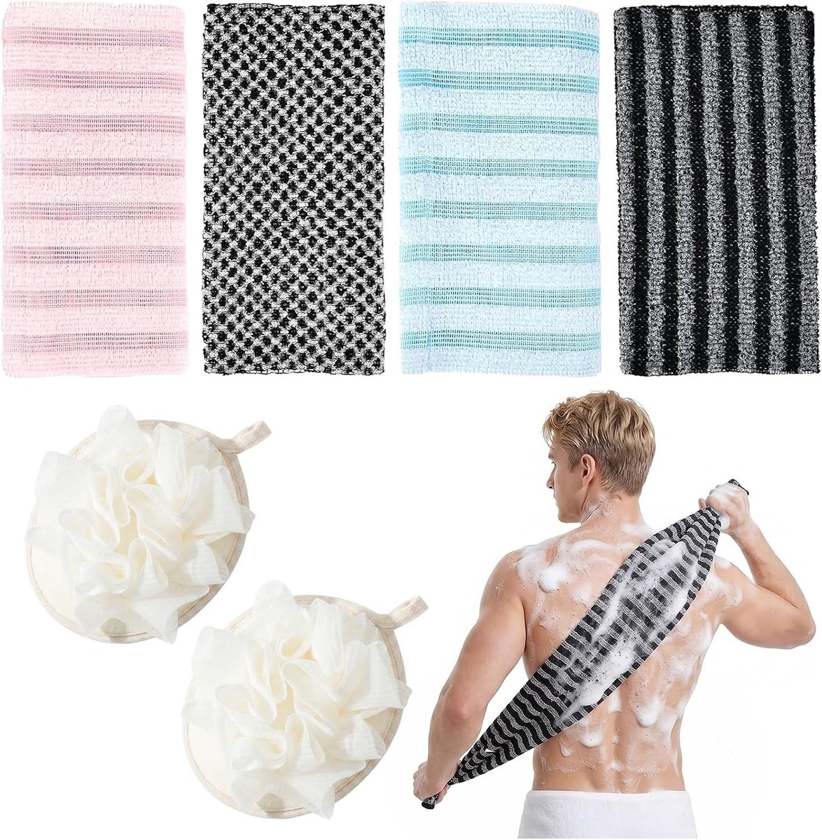 Peeling douchehanddoek set van 4 met 2 douchesponsen - Exfoliërende scrubhanddoeken voor een zachte huid, ideaal voor mannen en vrouwen