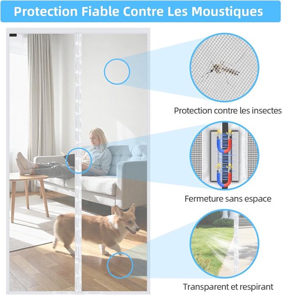 Mosquito Net, Window Door Curtain, Magnetic Closure | Magnetic Fly Screen for Balcony Door Patio Insect Protection Ultra Thin Mesh No Drilling with Adhesive Tape, Wit, 240*190cm — afbeelding 4
