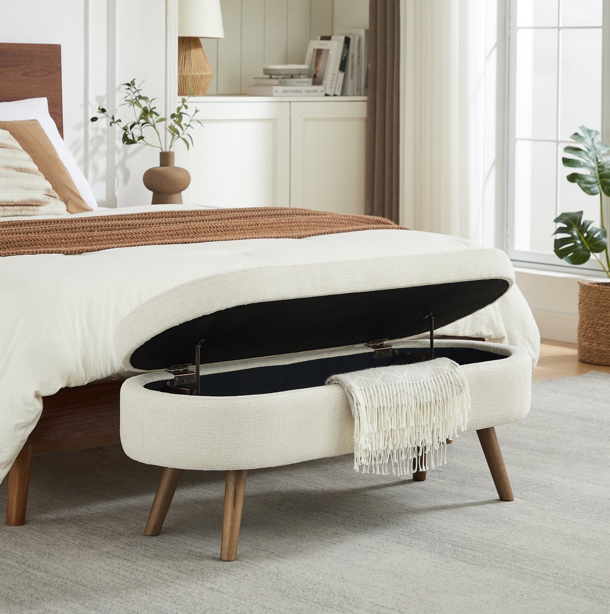 MIVRAY Bankje 110 cm - Opbergbank Met Verborgen Opbergruimte En Ventilatieopeningen - Voor Hal En Slaapkamer - Chenille Beige