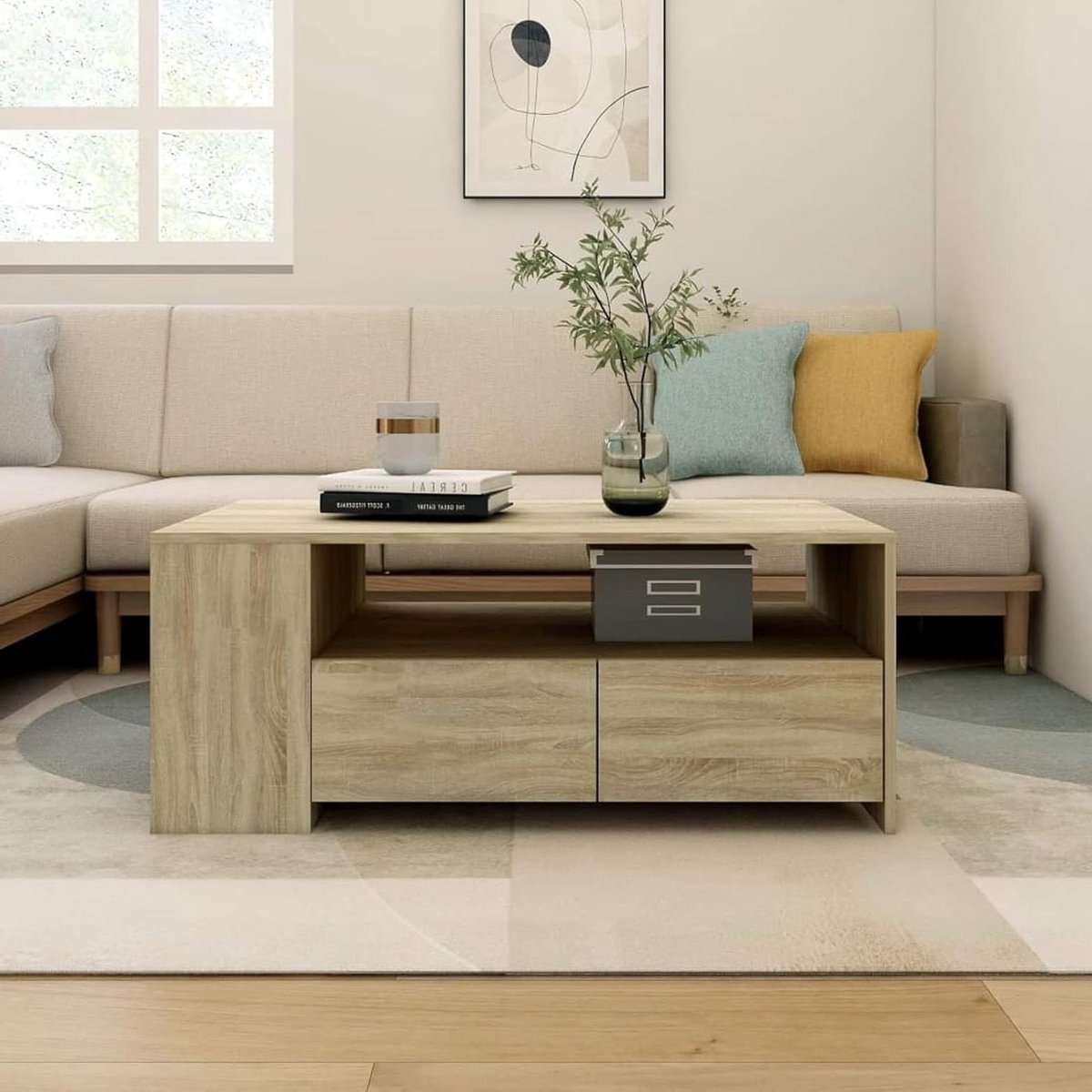 Salontafel - Koffietafel bijzettafel - Woonkamer opruimen - Met laden en vakken - 102 x 55 x 42 cm - Eiken