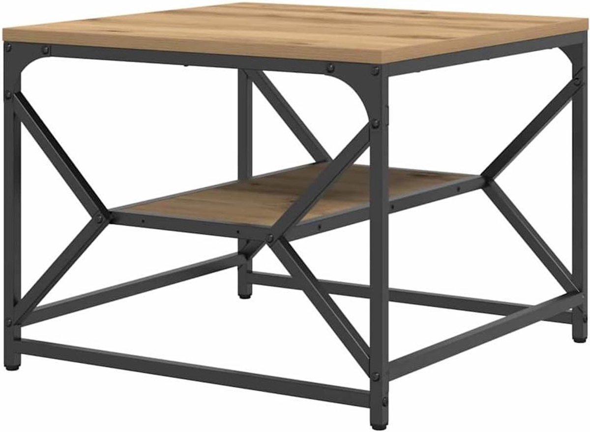 Salontafel met Plank - Koffietafel Bijzettafel - Woonkamer Decoratie - Stevig Metalen Frame - 51x50x40 cm - Eiken