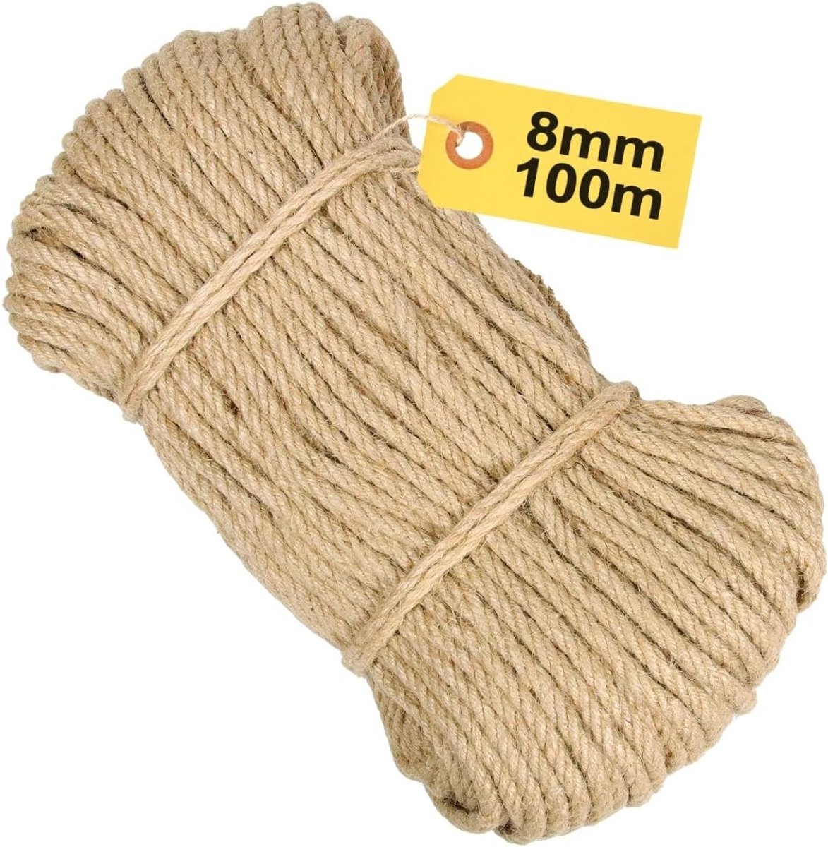 Dikke Jute Touw van 8 mm x 100 m, Sterk Natuurlijk Vezeltouw voor Knutselen, Kat Speelgoed en Decoratie, Scheurvast Alternatief voor Henneptouw en Koord