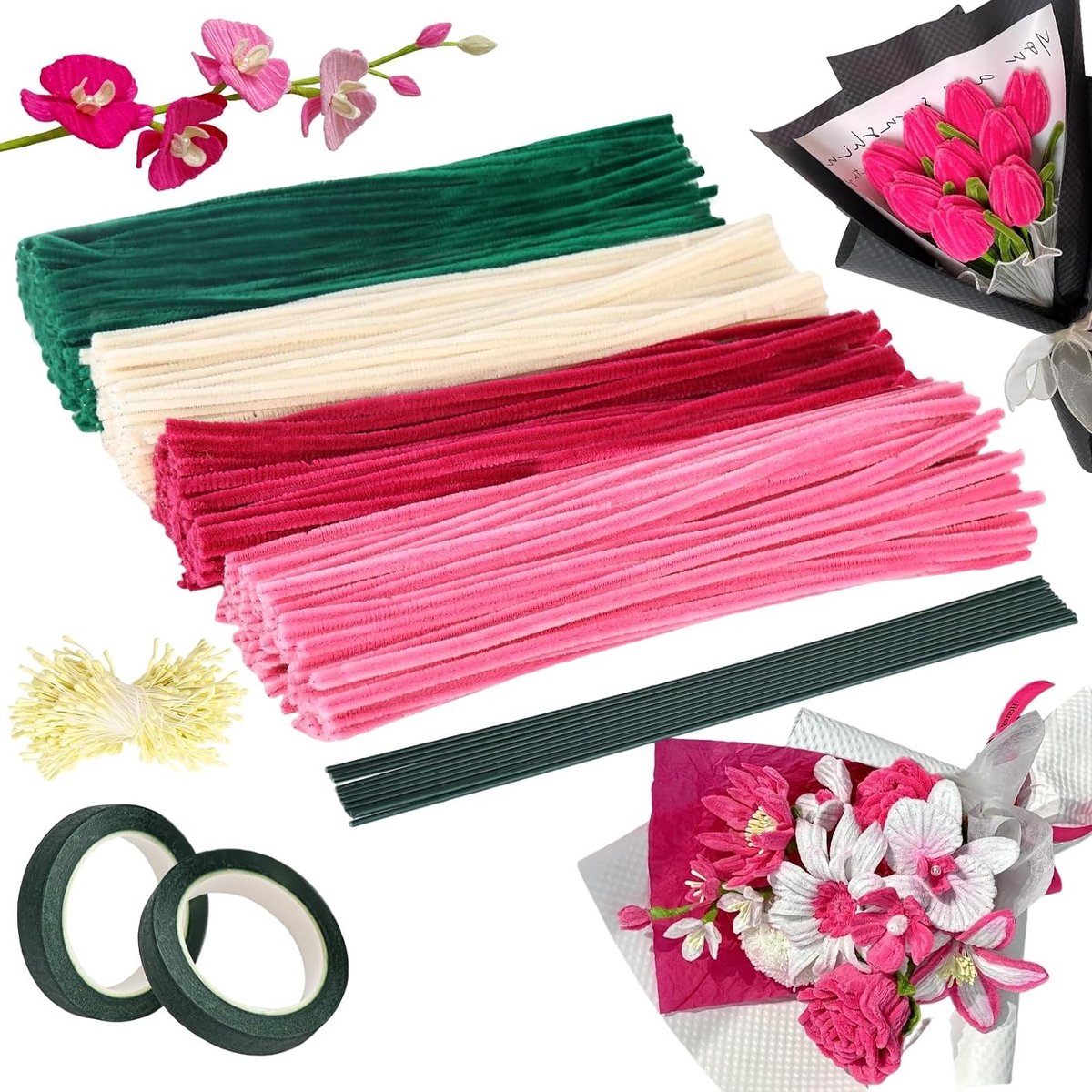 400 Stuks Bloemen Pijpenreiniger Set - Tulpen Pijpen, Creatieve Handwerk Materialen voor Bloemen en Ambachten