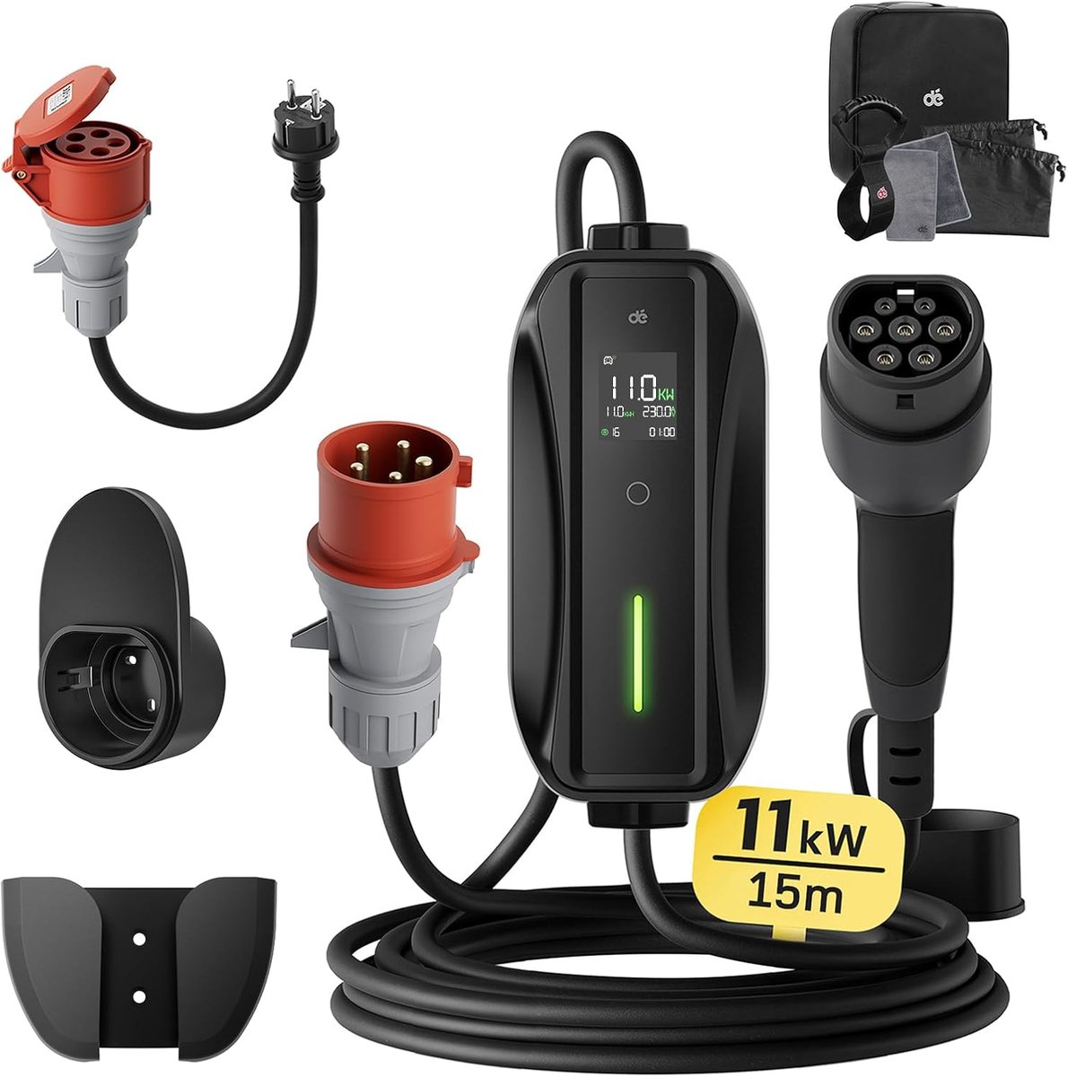 SnelShoppen - EV Charger Type 2 11kW Mobiele Wallbox met 15m Kabel, 3-Fase, 6-16A, Geschikt voor Model Y/3, ID.3/4/5, Enyaq en Meer