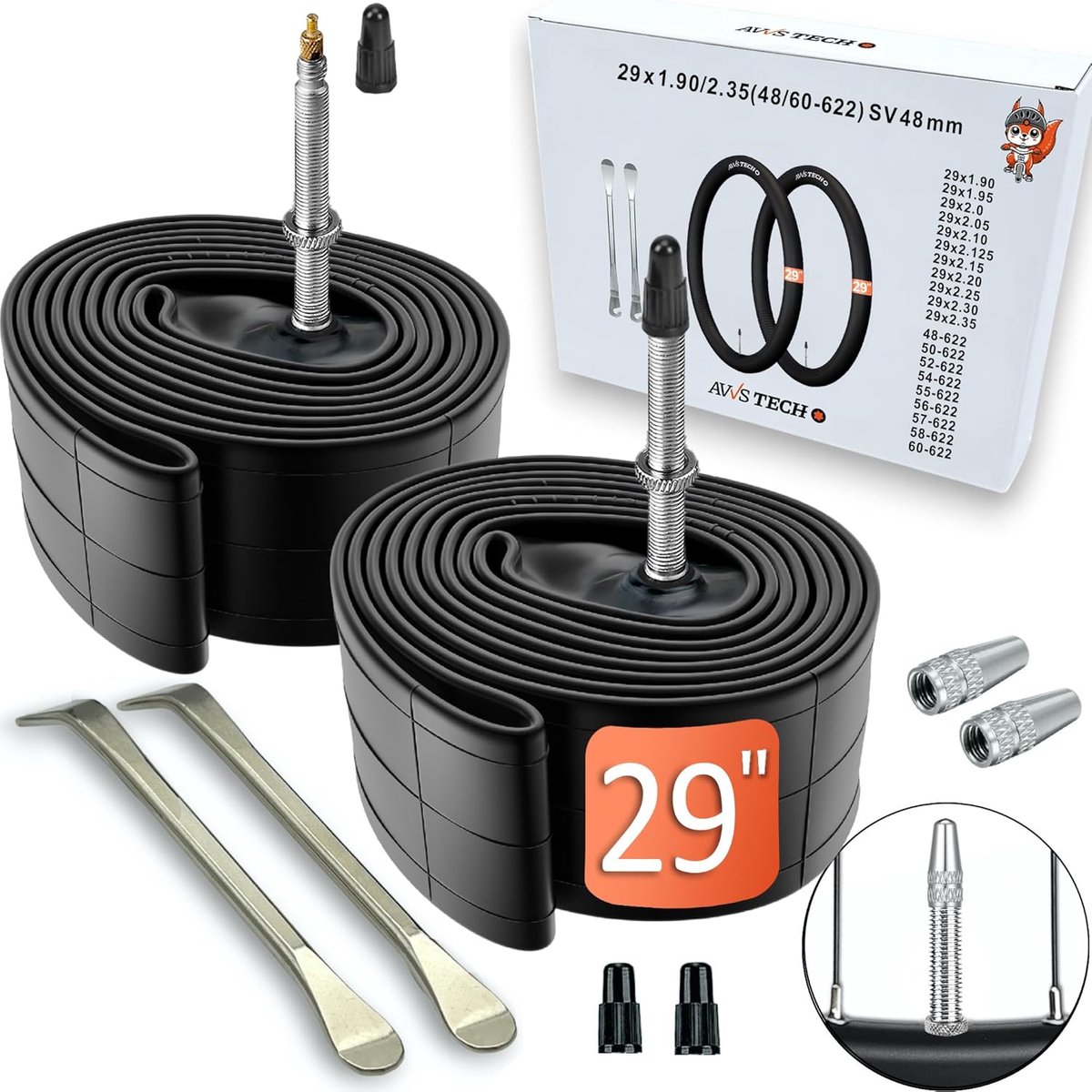 SnelShoppen - Fietskamer 29 Inch Set van 2 met Presta/Sclaverand Ventiel SV/FV 48 mm | 29 x 1.90 tot 2.35 | MTB & Trekking Accessoires incl. Bandenlic