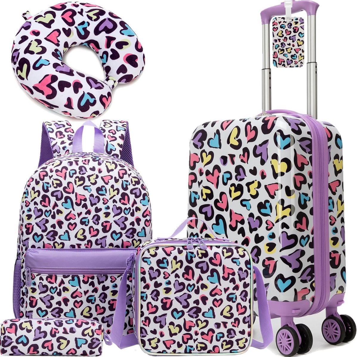 Thijox - Set van 5 Meisjes Reiskoffers met Rugzak, Nekkussen, Bagagelabel, Lunchbox en Potloodtas - Paars - 31x19.5x40.5 cm - Perfect voor Kinderen op