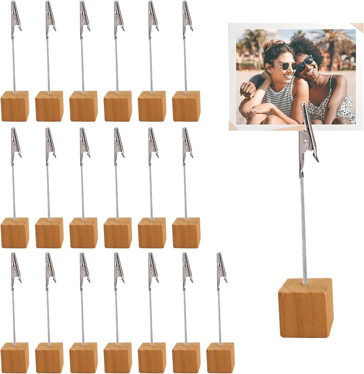 SnelShoppen - 20 Stuks Houten Fotohouders, Memo Clips met Krokodillenclip en Houten Basis, Postkaart Houder voor Bruiloft, Thuisdecoratie, Kantoor, Ee