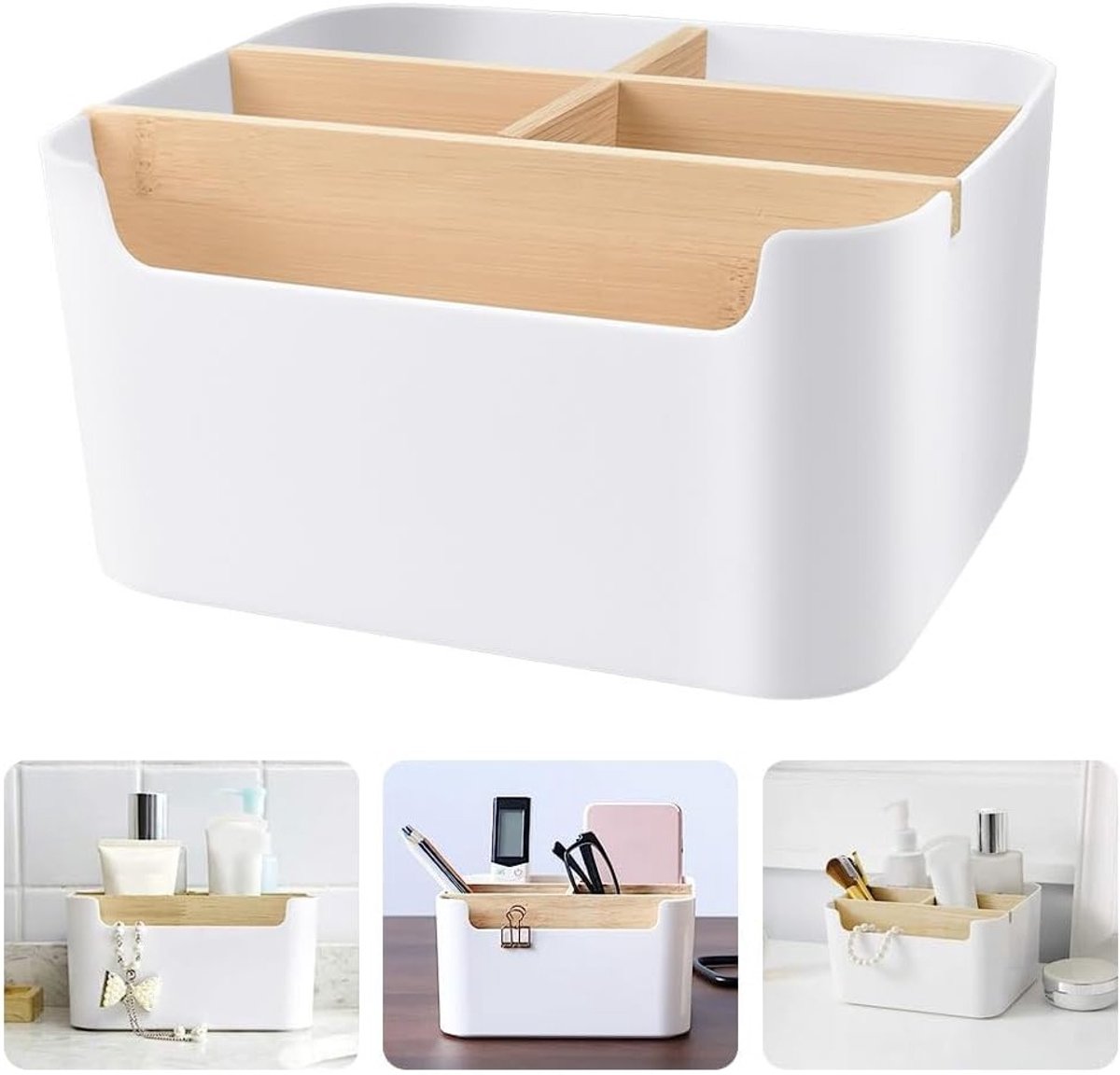 Witte Desk Organiser van Hout met 5 Compartimenten voor Multifunctionele Opslag en Bureauaccessoires
