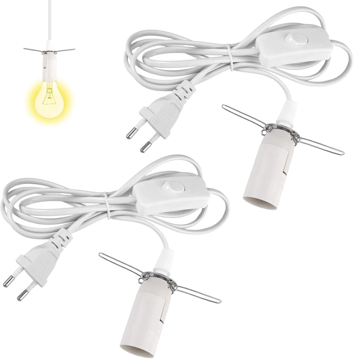 SnelShoppen - 2 stuks E14 lampenvoet met kabel en schakelaar wit, EU-plug voor zoutlamp, lamp ophangset, DIY lampen, hittebestendig PVC en koper