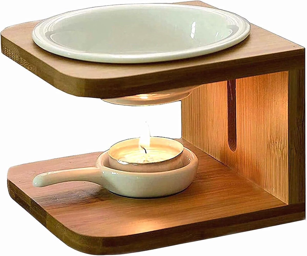 SnelShoppen - Geurlamp voor Etherische Oliën, Aromalamp Keramiek met Bamboe, Theelichthouder voor Thuis, Kantoor, Spa en Yoga - Stoofje en Geurwas