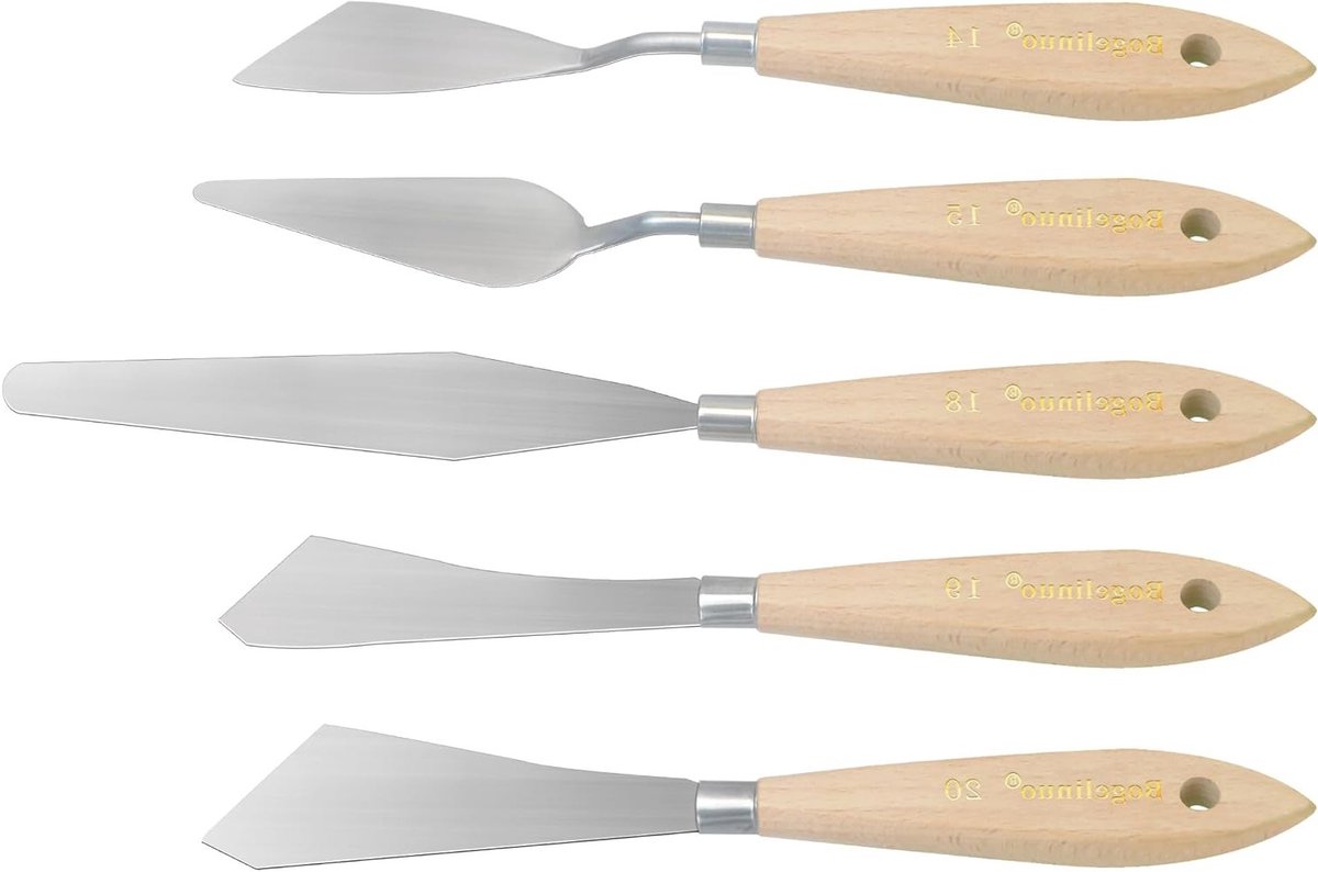 SnelShoppen - 5-delige RVS Schilder Spatel Set voor Acryl, Olie, Waterverf, Kleuren Mengen, Canvas Schilderijen - Flexibele Houten Handgreep, Roestvri