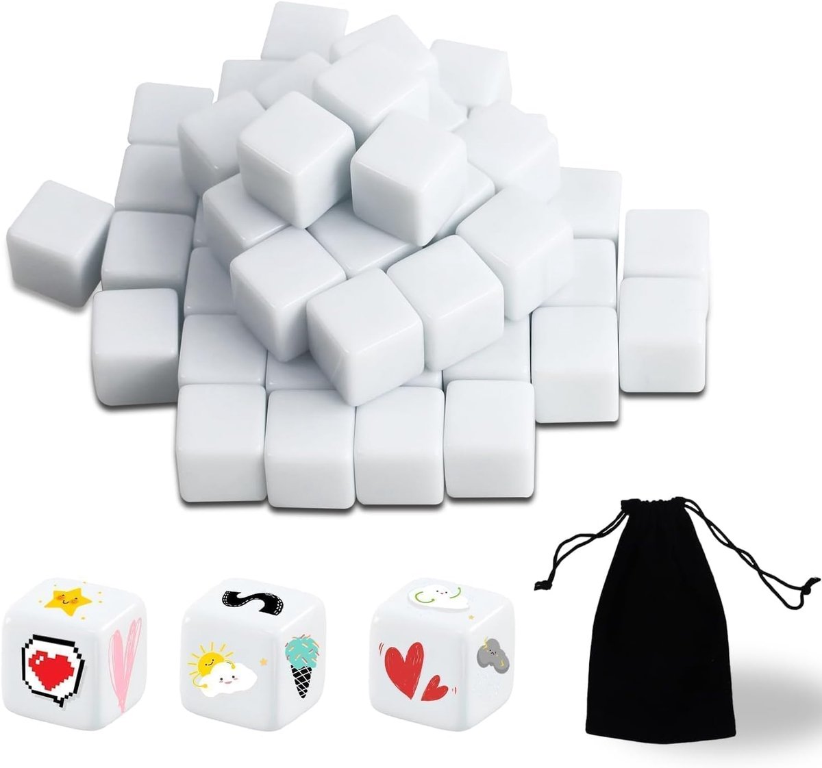 SnelShoppen - 50 Stuks Blank Dice 16mm Acryl Dobbelstenen 6-Zijdig DIY Stickers voor Schilderen, Witte Dobbelstenen voor Bordspellen, Educatieve Activ