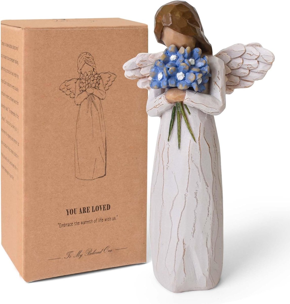 SnelShoppen - Sculpted Hand-painted Statue voor Herinnering, Sympathie Geschenk voor Verlies van een Dierbare, 13 cm Hoog, Witte Engel met Vergeet-me-
