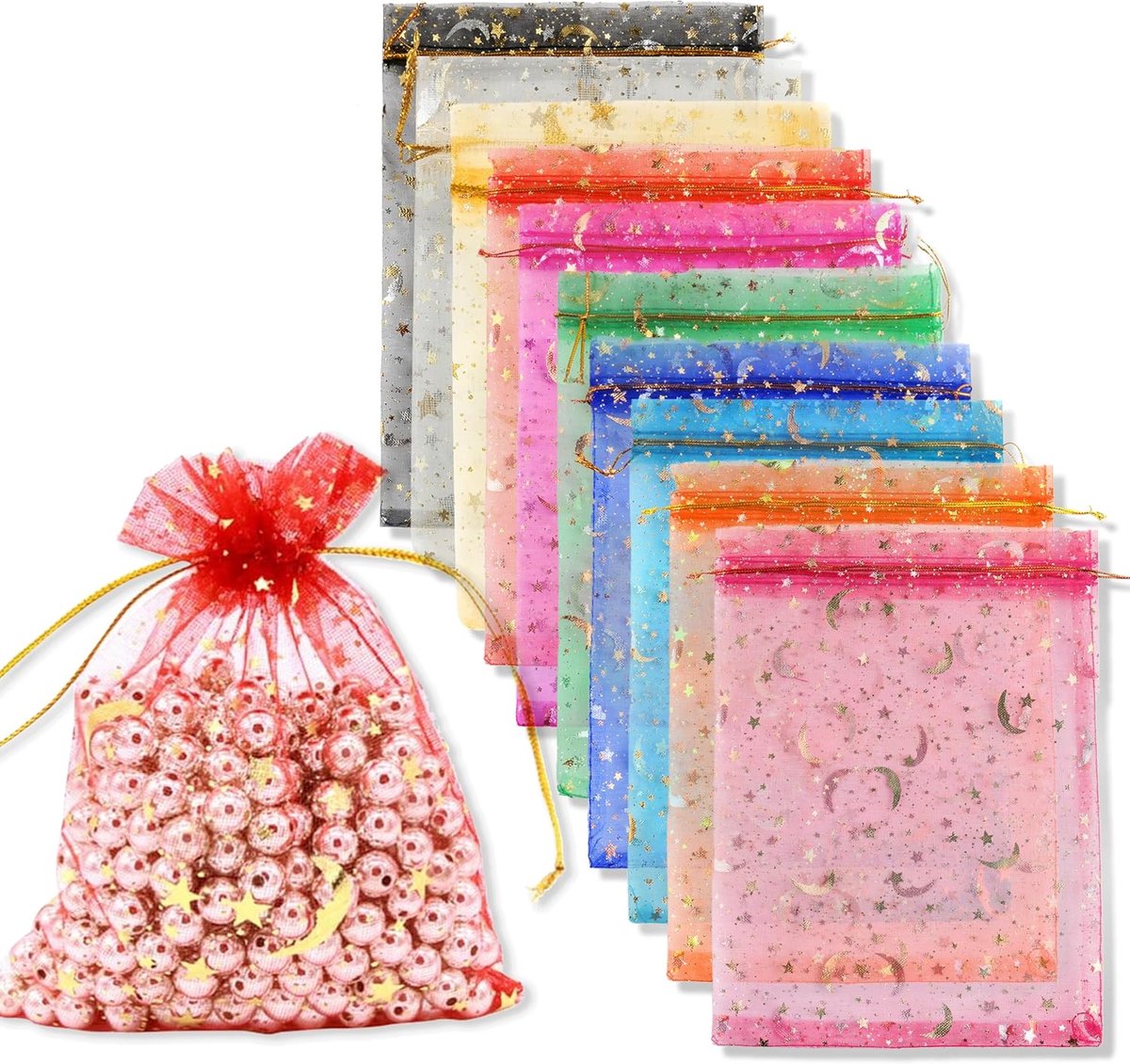 SnelShoppen - 100 Stuks Organza Tassen 10x15 cm met Sterren-Maan Patroon, Kleurige Cadeautassen voor Bruiloft, Verjaardag en Feestjes